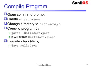 www.SunilOS.com 24
Compile Program
Open command prompt
Create c:sunrays
Change directory to c:sunrays
Compile program by
o javac HelloJava.java
o It will create HelloJava.class
Execute class file by
o java HelloJava
 