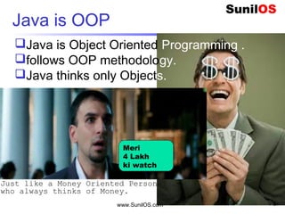 www.SunilOS.com 3
Java is OOP
3 Idiot
Java is Object Oriented Programming .
follows OOP methodology.
Java thinks only Objects.
Meri
4 Lakh
ki watch
Just like a Money Oriented Person
who always thinks of Money.
 
