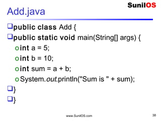 www.SunilOS.com 38
Java Primitive Data Types
Primitive Data Types:
o boolean true or false
o char unicode (16 bits)
o byte signed 8 bit integer
o short signed 16 bit integer
o int signed 32 bit integer
o long signed 64 bit integer
o float,double IEEE 754 floating point
 