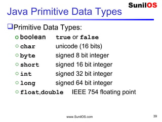 www.SunilOS.com 39
java.lang.String class
 String name = "Vijay Dinanath Chauhan";
 S.o.p(" String Length- " + name.length());
 S.o.p(" 7th character is- " + name.charAt(6));
 S.o.p(" Dina index is- " + name.indexOf("Dina"));
 S.o.p(" First i Position- " + name.indexOf("i"));
 S.o.p(" Last i Position- " + name.lastIndexOf("i"));
 S.o.p(" a is replaced by b- " + name.replace("a", "b"));
 S.o.p(" All a is replaced by b- “ + name.replaceAll("a", "b"));
 S.o.p(“ Chhota vijay- " + name.toLowerCase());
 S.o.p(" Bada vijay- " + name.toUpperCase());
 S.o.p(" Starts With Vijay- " + name.startsWith("Vijay"));
 S.o.p(" Ends with han- " + name.endsWith("han"));
 S.o.p(" Substring- " + name.substring(6));
 Note : S.o.p = System.out.println
 