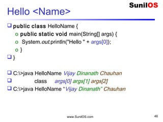 www.SunilOS.com 46
Hello Name – if <condition>
 public class HelloName1 {
 public static void main(String[] args) {
o if (args.length == 1) {
 System.out.println("Hello " + args[0]);
o } else {
 System.out.println(“Parameter name is required");
o }
 }
 }
 