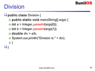 www.SunilOS.com 52
Define a Method
 public static void main(String[] args) {
o printAll(args);
 }// main
 public static void printAll(String[] args) {
o for (int i = 0; i < args.length; i++) {
 System.out.println(“Hello " + args[i]);
o }
 }//printAll
 