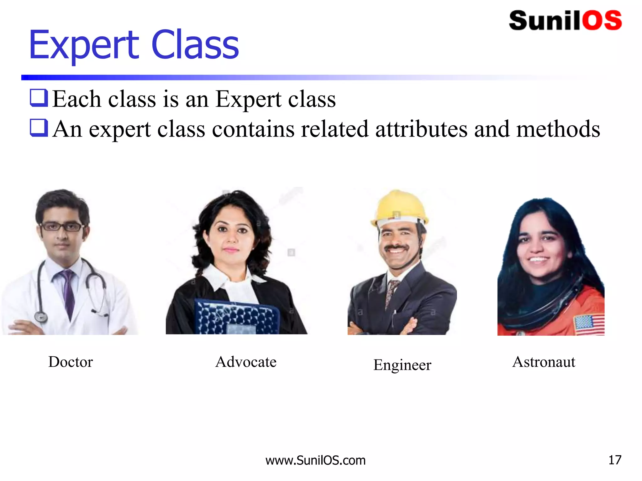 Expert Class
Each class is an Expert class
An expert class contains related attributes and methods
www.SunilOS.com 17
Doctor Advocate Engineer Astronaut
 