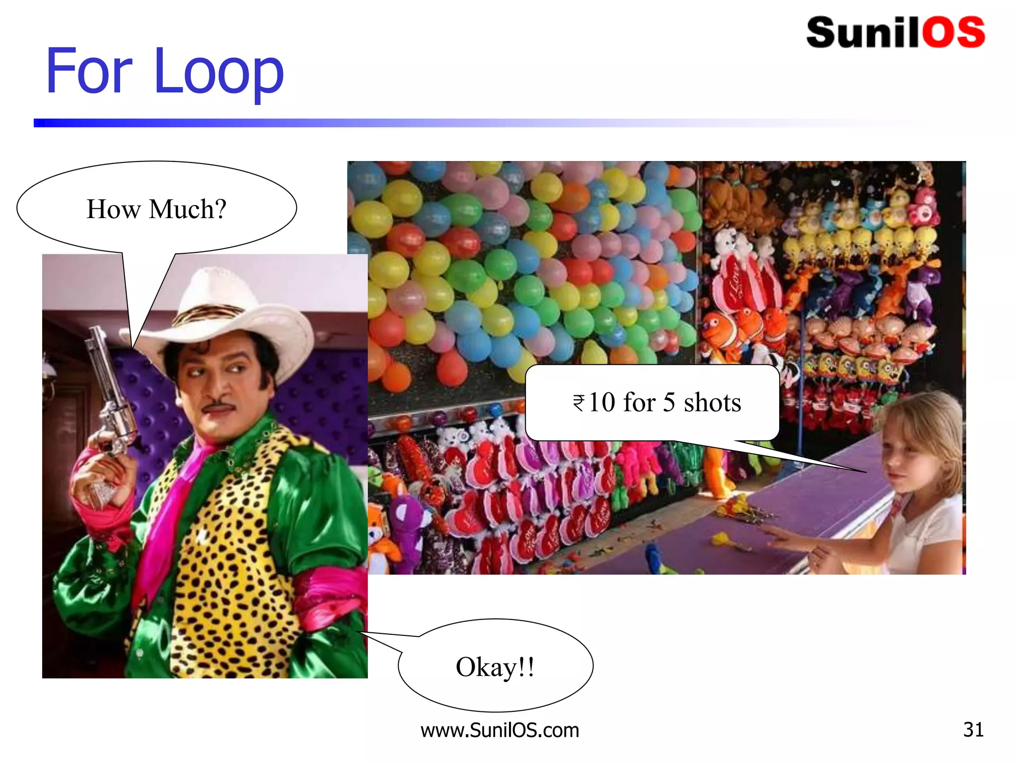 www.SunilOS.com
For Loop
₹10 for 5 shots
How Much?
Okay!!
31
 