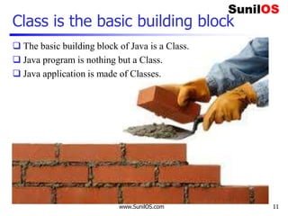 Class is the basic building block
 The basic building block of Java is a Class.
 Java program is nothing but a Class.
 Java application is made of Classes.
www.SunilOS.com 11
 