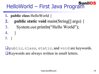 www.SunilOS.com 14
HelloWorld – First Java Program
1. public class HelloWorld {
2. public static void main(String[] args) {
3. System.out.println(“Hello World”);
4. }
5. }
public, class, static, and void are keywords.
Keywords are always written in small letters.
 