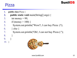 www.SunilOS.com 15
Pizza
1. public class Pizza {
2. public static void main(String[] args) {
3. int money = 99;
4. if (money > 100) {
5. System.out.println("Wow!!, I can buy Pizza :)");
6. } else {
7. System.out.println("Oh!, I can not buy Pizza (:");
8. }
9. }
10. }
 