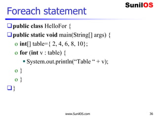www.SunilOS.com 36
Foreach statement
public class HelloFor {
public static void main(String[] args) {
o int[] table={ 2, 4, 6, 8, 10};
o for (int v : table) {
 System.out.println(“Table “ + v);
o }
o }
}
 