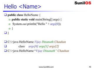 www.SunilOS.com 45
Hello <Name>
 public class HelloName {
o public static void main(String[] args) {
o System.out.println("Hello " + args[0]);
o }
 }
 C:>java HelloName Vijay Dinanath Chauhan
 class args[0] args[1] args[2]
 C:>java HelloName “Vijay Dinanath” Chauhan
 
