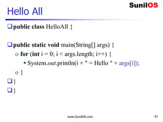 www.SunilOS.com 47
Hello All
public class HelloAll {
public static void main(String[] args) {
o for (int i = 0; i < args.length; i++) {
 System.out.println(i + " = Hello " + args[i]);
o }
}
}
 