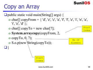 www.SunilOS.com 58
Copy an Array
public static void main(String[] args) {
o char[] copyFrom = { 'd', 'e', 'c', 'a', 'f', 'f', 'e', 'i', 'n', 'a',
't', 'e', 'd' };
o char[] copyTo = new char[7];
o System.arraycopy(copyFrom, 2,
o copyTo, 0, 7);
o S.o.p(new String(copyTo));
}
Start
Index
Start
Index
No Of
Element
 