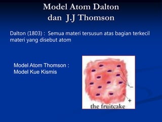 Model Atom Dalton
              dan J.J Thomson
Dalton (1803) : Semua materi tersusun atas bagian terkecil
materi yang disebut atom



 Model Atom Thomson :
 Model Kue Kismis
 