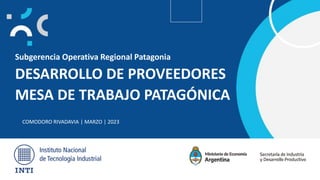 COMODORO RIVADAVIA | MARZO | 2023
Subgerencia Operativa Regional Patagonia
DESARROLLO DE PROVEEDORES
MESA DE TRABAJO PATAGÓNICA
 