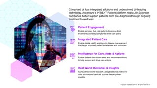 Comprised of four integrated solutions and underpinned by leading
technology, Accenture’s INTIENT Patient platform helps Life Sciences
companies better support patients from pre-diagnosis through ongoing
treatment to wellness:
Integrated Patient Care
Enable digital health solutions for disease management
that target improved patient experiences and outcomes
Real World Outcomes & Insights
Conduct real-world research, using traditional and novel
data sources and devices, to drive deeper patient
insights
Intelligence for Care Alerts & Actions
Enable patient data-driven alerts and recommendations
to help support and drive care actions.
Patient Engagement
Enable services that help patients to access their
treatments and stay compliant to their care plans
Copyright © 2022 Accenture. All rights reserved. 5
 