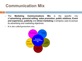 3
Communication Mix
 The Marketing Communications Mix is the specific mix
of advertising, personal selling, sales promotion, public relations, Event
and experience, publicity and direct marketing a company uses to pursue
its advertising and marketing objectives.
 It is also called promotion mix.
 
