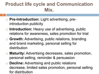 6
Product life cycle and Communication
Mix.
 Pre-Introduction: Light advertising, pre-
introduction publicity
 Introduction: Heavy use of advertising, public
relations for awareness, sales promotion for trial
 Growth: Advertising, public relations, branding
and brand marketing, personal selling for
distribution
 Maturity: Advertising decreases, sales promotion,
personal selling, reminder & persuasion
 Decline: Advertising and public relations
decrease, limited sales promotion, personal selling
for distribution
 