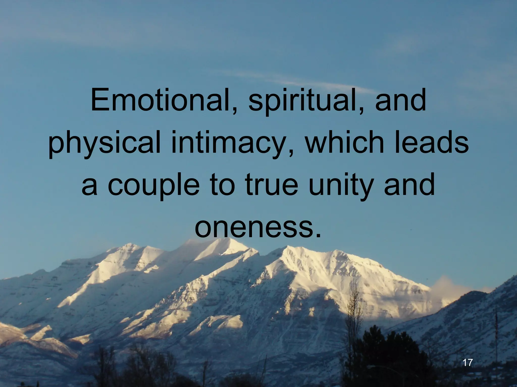 Emotional, spiritual, and physical intimacy, which leads a couple to true unity and oneness. 