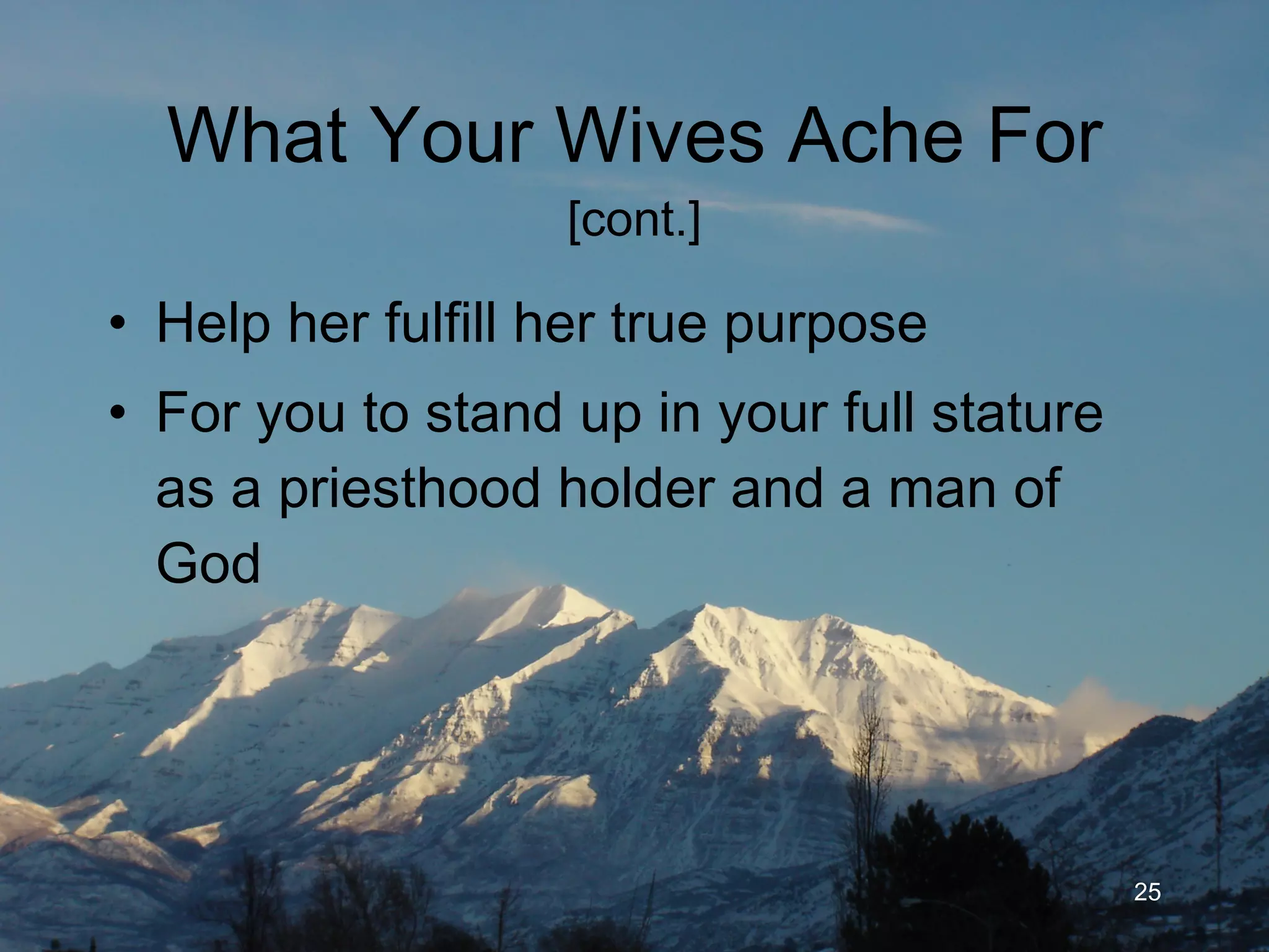 What Your Wives Ache For  [cont.] Your help in fulfilling her true purpose For you to stand up in your full stature as a priesthood holder and a man of God 