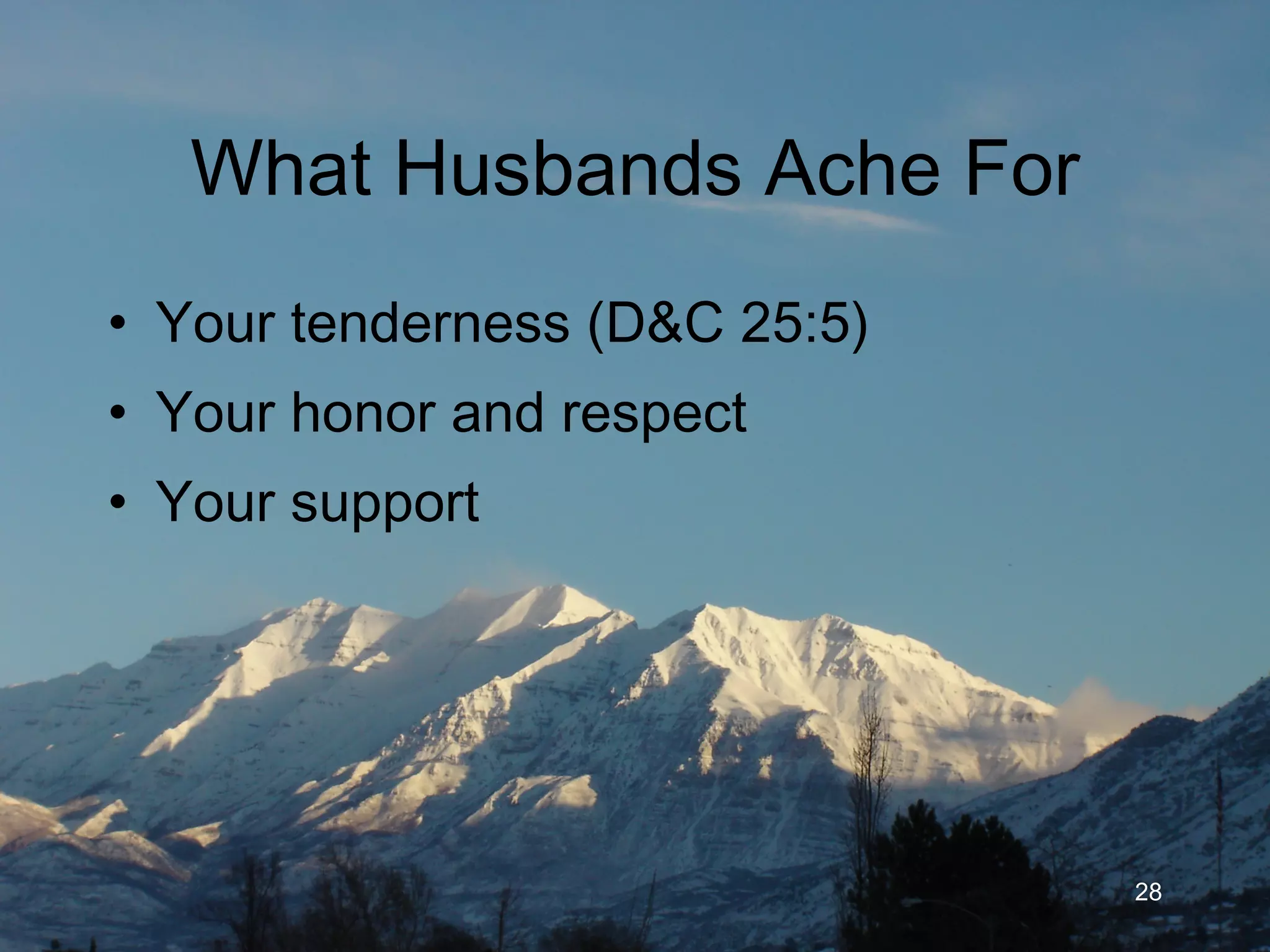 What Husbands Ache For Your gentleness and tenderness (D&C 25:5) Your honor and respect Your support 