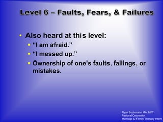 • Also heard at this level:
   “I am afraid.”
   “I messed up.”
   Ownership of one’s faults, failings, or
    mistakes.




                                  Ryan Buchmann MA, MFT
                                  Pastoral Counselor
                                  Marriage & Family Therapy Intern
 