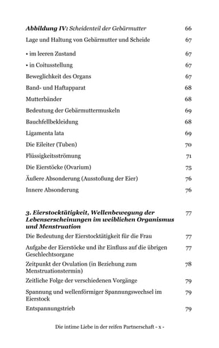 Die intime Liebe in der reifen Partnerschaft - x -
Abbildung IV: Scheidenteil der Gebärmutter 66
Lage und Haltung von Gebärmutter und Scheide 67
• im leeren Zustand 67
• in Coitusstellung 67
Beweglichkeit des Organs 67
Band- und Haftapparat 68
Mutterbänder 68
Bedeutung der Gebärmuttermuskeln 69
Bauchfellbekleidung 68
Ligamenta lata 69
Die Eileiter (Tuben) 70
Flüssigkeitsströmung 71
Die Eierstöcke (Ovarium) 75
Äußere Absonderung (Ausstoßung der Eier) 76
Innere Absonderung 76
3. Eierstocktätigkeit, Wellenbewegung der
Lebenserscheinungen im weiblichen Organismus
und Menstruation
77
Die Bedeutung der Eierstocktätigkeit für die Frau 77
Aufgabe der Eierstöcke und ihr Einfluss auf die übrigen
Geschlechtsorgane
77
Zeitpunkt der Ovulation (in Beziehung zum
Menstruationstermin)
78
Zeitliche Folge der verschiedenen Vorgänge 79
Spannung und wellenförmiger Spannungswechsel im
Eierstock
79
Entspannungstrieb 79
 