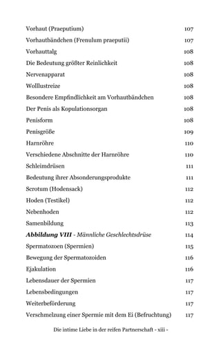 Die intime Liebe in der reifen Partnerschaft - xiii -
Vorhaut (Praeputium) 107
Vorhautbändchen (Frenulum praeputii) 107
Vorhauttalg 108
Die Bedeutung größter Reinlichkeit 108
Nervenapparat 108
Wolllustreize 108
Besondere Empfindlichkeit am Vorhautbändchen 108
Der Penis als Kopulationsorgan 108
Penisform 108
Penisgröße 109
Harnröhre 110
Verschiedene Abschnitte der Harnröhre 110
Schleimdrüsen 111
Bedeutung ihrer Absonderungsprodukte 111
Scrotum (Hodensack) 112
Hoden (Testikel) 112
Nebenhoden 112
Samenbildung 113
Abbildung VIII - Männliche Geschlechtsdrüse 114
Spermatozoen (Spermien) 115
Bewegung der Spermatozoiden 116
Ejakulation 116
Lebensdauer der Spermien 117
Lebensbedingungen 117
Weiterbeförderung 117
Verschmelzung einer Spermie mit dem Ei (Befruchtung) 117
 