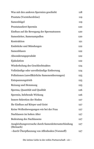 Die intime Liebe in der reifen Partnerschaft - xiv -
Was mit den anderen Spermien geschieht 118
Prostata (Vorsteherdrüse) 119
Samenhügel 119
Prostatasekret Spermin 120
Einfluss auf die Bewegung der Spermatozoen 120
Samenleiter, Samenampullen 120
Kontraktion 121
Endstücke und Mündungen 122
Samenblasen 122
Absonderungsprodukt 122
Ejakulation 122
Wiederholung des Geschlechtsaktes 124
Vollständige oder unvollständige Entleerung 124
Pollutionen (unwillkürliche Samenentleerungen) 125
Entspannungstrieb 125
Reizung und Hemmung 125
Sperma, Quantität und Qualität 126
Spermin, belebende Wirkung 126
Innere Sekretion der Hoden 127
Ihr Einfluss auf Körper und Geist 127
Keine Wellenbewegungen wie bei der Frau 127
Nachlassen im hohen Alter 127
Bedeutung des Nachlassens 127
Ausgleichungsversuche durch Samenleiterunterbindung
(Steinach)
127
- durch Überpflanzung von Affenhoden (Voronoff) 127
 