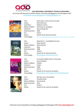 Liste thématique: Intimidation. Primaire et Secondaire
    Par Emmanuelle Rousseau et Hélène Dehaut, conseillères pédagogiques chez Messageries ADP
                   emmanuelle.rousseau@sogides.com hdehaut@sogides.com


                     Titre              Série Lorina - Entre la lune et le soleil
                     Auteur             Nancy Montour
                     Illustrateur       Stéphane Jorisch
                     Maison d'édition   Dominique et compagnie
                     Collection         Roman Rouge #15
                     Date de parution   2003
                     Prix               4,95 $
                     Niveau             À partir du 2e cycle du primaire
                     Fiche pédago       http://www.dominiqueetcompagnie.com/pedagogie/romans_fiche_lecture/cat_138_lorina.pdf

                     Titre              Gaïg Tome 1 - La prophétie des nains
                     Auteur             Dynah Psyché
                     Maison d'édition   Michel Quintin
                     Collection         Gaïg
                     Date de parution   2008
                     Prix               10,95 $
                     Niveau             À partir du 3e cycle du primaire
                     Fiche pédago       http://gaig.qc.ca/index.php?cat=4

                     Titre              Le monde de Khelia Tome 2 -Entre deux
                     Auteur             Amy Lachapelle
                     Maison d'édition   Z'Ailées
                     Collection         Z'Ados
                     Date de parution   2008
                     Prix               9,95 $
                     Niveau             À partir du 1er cycle du secondaire
                     Fiche pédago       http://zailees.com/images/stories/fichekhelia2.pdf

                     Titre              Ma sœur vit sur la cheminée
                     Auteur             Annabel Pitcher
                     Maison d'édition   Plon jeunesse
                     Date de parution   2011
                     Prix               29,95 $
                     Niveau             À partir du 1er cycle du secondaire




Cette liste est aussi disponible sur le blogue pédagogique de Messageries ADP www.adp-pedago.com
 