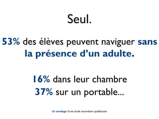 Seul.
53% des élèves peuvent naviguer sans
la présence d’un adulte.
16% dans leur chambre
37% sur un portable...
Un sondage d’une école secondaire québécoise
 
