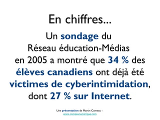 En chiffres...
         Un sondage du
    Réseau éducation-Médias
 en 2005 a montré que 34 % des
 élèves canadiens ont déjà été
victimes de cyberintimidation,
     dont 27 % sur Internet.
         Une présentation de Martin Comeau -
              www.comeaunumerique.com
 