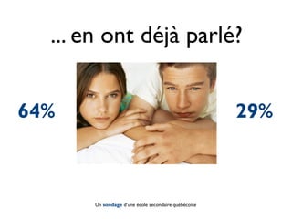 ... en ont déjà parlé?


64%                                                   29%



       Un sondage d’une école secondaire québécoise
 
