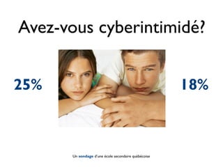 Avez-vous cyberintimidé?


25%                                                  18%



      Un sondage d’une école secondaire québécoise
 