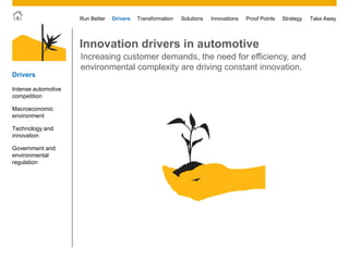 © 2011 SAP AG. All rights reserved. 10
Drivers Innovations Take AwayStrategyRun Better Transformation Solutions Proof Points
Drivers
Intense automotive
competition
Macroeconomic
environment
Technology and
innovation
Government and
environmental
regulation
Innovation drivers in automotive
Increasing customer demands, the need for efficiency, and
environmental complexity are driving constant innovation.
 