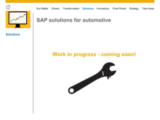 © 2011 SAP AG. All rights reserved. 18
Drivers Innovations Take AwayStrategyRun Better Transformation Solutions Proof Points
SAP solutions for automotive
Solutions
Work in progress - coming soon!
 