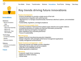 © 2011 SAP AG. All rights reserved. 43
Drivers Innovations Take AwayStrategyRun Better Transformation Solutions Proof Points
Key trends driving future innovations
Product development
 Product virtualization to provide a single source of the truth
 Comprehensive integration with authoring tools
 “Mechatronics” to manage comprehensively mechanical, electrical, systems, and embedded
software
 Sustainability, regulations, and legal compliance
Procurement and supply chain
 Growing complexity of demand-driven global supply networks and supplier relations
 Increasing importance of mobility and real-time information provisioning
 Multi-tier planning and logistics management
 More regulations and corporate governance
 Focus on sustainability
Manufacturing
 Deeper PLM and manufacturing execution integration
 Deeper integration with packaged performance management applications
 Quality management enhancements
Dealer business management – retail
 Enhanced importer and retailer process integration
 High-performance sales and service analytics
 Cash flow and profitability demands
 Mobile application enablement
Marketing
 Customer insight driven marketing
 Digital and mobile marketing
 Social media
Innovations
• Customer co-innovation
• Ecosystem
Future
Solutions
Technology
 Mobility
 Business analytics
 In-memory computing
Delivery
 Road map
 Recent innovations
• GSS
• EMO for DI
• EMO for DI – New
User Interface
• GSS Virtual Assembly
 