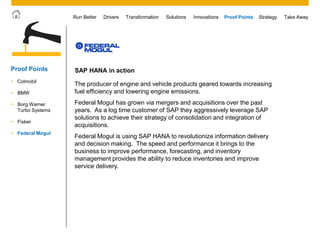 © 2011 SAP AG. All rights reserved. 49
Drivers Innovations Take AwayStrategyRun Better Transformation Solutions Proof Points
The producer of engine and vehicle products geared towards increasing
fuel efficiency and lowering engine emissions.
Federal Mogul has grown via mergers and acquisitions over the past
years. As a log time customer of SAP they aggressively leverage SAP
solutions to achieve their strategy of consolidation and integration of
acquisitions.
Federal Mogul is using SAP HANA to revolutionize information delivery
and decision making. The speed and performance it brings to the
business to improve performance, forecasting, and inventory
management provides the ability to reduce inventories and improve
service delivery.
SAP HANA in action
 Colmobil
 BMW
 Borg Warner
Turbo Systems
Proof Points
 Fisker
 Federal Mogul
 