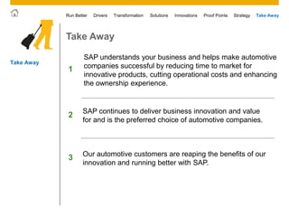 © 2011 SAP AG. All rights reserved. 51
Drivers Innovations Take AwayStrategyRun Better Transformation Solutions Proof Points
Take Away
SAP continues to deliver business innovation and value
for and is the preferred choice of automotive companies.
Our automotive customers are reaping the benefits of our
innovation and running better with SAP.
SAP understands your business and helps make automotive
companies successful by reducing time to market for
innovative products, cutting operational costs and enhancing
the ownership experience.
1
2
3
Take Away
 