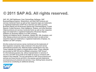 © 2011 SAP AG. All rights reserved.
SAP, R/3, SAP NetWeaver, Duet, PartnerEdge, ByDesign, SAP
BusinessObjects Explorer, StreamWork, and other SAP products and
services mentioned herein as well as their respective logos are trademarks
or registered trademarks of SAP AG in Germany and other countries.
Business Objects and the Business Objects logo, BusinessObjects, Crystal
Reports, Crystal Decisions, Web Intelligence, Xcelsius, and other Business
Objects products and services mentioned herein as well as their respective
logos are trademarks or registered trademarks of Business Objects
Software Ltd. Business Objects is an SAP company.
Sybase and Adaptive Server, iAnywhere, Sybase 365, SQL Anywhere, and
other Sybase products and services mentioned herein as well as their
respective logos are trademarks or registered trademarks of Sybase, Inc.
Sybase is an SAP company.
All other product and service names mentioned are the trademarks of
their respective companies. Data contained in this document serves
informational purposes only. National product specifications may vary.
These materials are subject to change without notice. These materials
are provided by SAP AG and its affiliated companies (“SAP Group”)
for informational purposes only, without representation or warranty of
any kind, and SAP Group shall not be liable for errors or omissions with
respect to the materials. The only warranties for SAP Group products and
services are those that are set forth in the express warranty statements
accompanying such products and services, if any. Nothing herein should be
construed as constituting an additional warranty.
 
