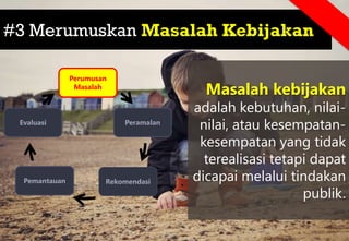 #3 Merumuskan Masalah Kebijakan
Masalah kebijakan
adalah kebutuhan, nilai-
nilai, atau kesempatan-
kesempatan yang tidak
terealisasi tetapi dapat
dicapai melalui tindakan
publik.
Perumusan
Masalah
Peramalan
Rekomendasi
Pemantauan
Evaluasi
 