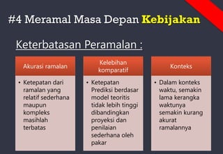 #4 Meramal Masa Depan Kebijakan
Keterbatasan Peramalan :
Akurasi ramalan
• Ketepatan dari
ramalan yang
relatif sederhana
maupun
kompleks
masihlah
terbatas
Kelebihan
komparatif
• Ketepatan
Prediksi berdasar
model teoritis
tidak lebih tinggi
dibandingkan
proyeksi dan
penilaian
sederhana oleh
pakar
Konteks
• Dalam konteks
waktu, semakin
lama kerangka
waktunya
semakin kurang
akurat
ramalannya
 