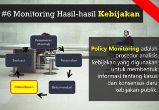 #6 Monitoring Hasil-hasil Kebijakan
Policy Monitoring adalah
prosedur analisis
kebijakan yang digunakan
untuk membentuk
informasi tentang kasus
dan konsensus daru
kebijakan publik.
Perumusan
Masalah
Peramalan
Rekomendasi
Pemantauan
Evaluasi
 