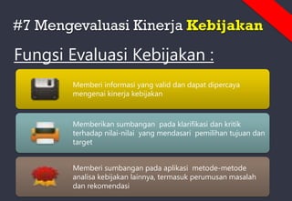 #7 Mengevaluasi Kinerja Kebijakan
Fungsi Evaluasi Kebijakan :
Memberi informasi yang valid dan dapat dipercaya
mengenai kinerja kebijakan
Memberikan sumbangan pada klarifikasi dan kritik
terhadap nilai-nilai yang mendasari pemilihan tujuan dan
target
Memberi sumbangan pada aplikasi metode-metode
analisa kebijakan lainnya, termasuk perumusan masalah
dan rekomendasi
 