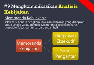#9 Mengkomunikasikan Analisis
Kebijakan
Memoranda Kebijakan :
salah satu bentuk pengkomunikasian kebijakan yang disiapkan
untuk jangka waktu pendek. Memoranda kebijakan harus
singkat,terfokus dan tersusun dengan baik.
Memoranda
Kebijakan
Ringkasan
Eksekutif
Surat
Pengantar
 
