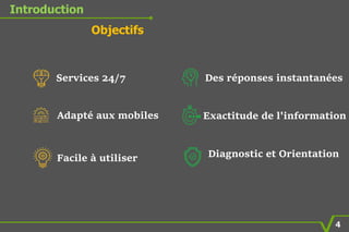 Introduction
Objectifs
Services 24/7
Diagnostic et Orientation
Exactitude de l'information
Facile à utiliser
Adapté aux mo...