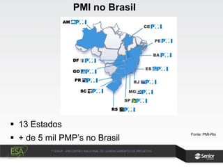 Fonte: PMI-Rio
PMI no Brasil
 13 Estados
 + de 5 mil PMP’s no Brasil
 