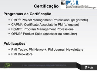 Programas de Certificação
 PMP®: Project Management Professional (p/ gerente)
 CAPM®: Certificate Associate in PM (p/ equipe)
 PgMP®: Program Management Professional
 OPM3® Product Suite (assessor ou consultor)
Publicações
 PMI Today, PM Network, PM Journal, Newsletters
 PMI Bookstore
Certificação
 