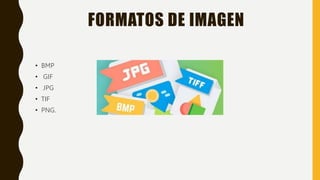 FORMATOS DE IMAGEN
• BMP
• GIF
• JPG
• TIF
• PNG.
 