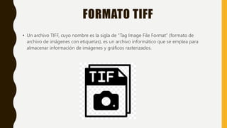 FORMATO TIFF
• Un archivo TIFF, cuyo nombre es la sigla de “Tag Image File Format” (formato de
archivo de imágenes con etiquetas), es un archivo informático que se emplea para
almacenar información de imágenes y gráficos rasterizados.
 