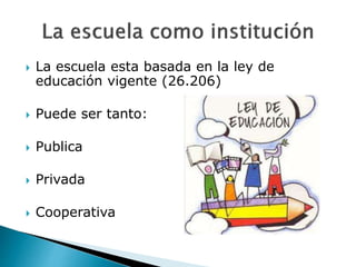  La escuela esta basada en la ley de
educación vigente (26.206)
 Puede ser tanto:
 Publica
 Privada
 Cooperativa
 