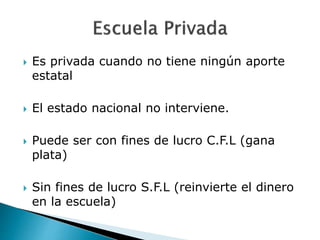  Es privada cuando no tiene ningún aporte
estatal
 El estado nacional no interviene.
 Puede ser con fines de lucro C.F.L (gana
plata)
 Sin fines de lucro S.F.L (reinvierte el dinero
en la escuela)
 